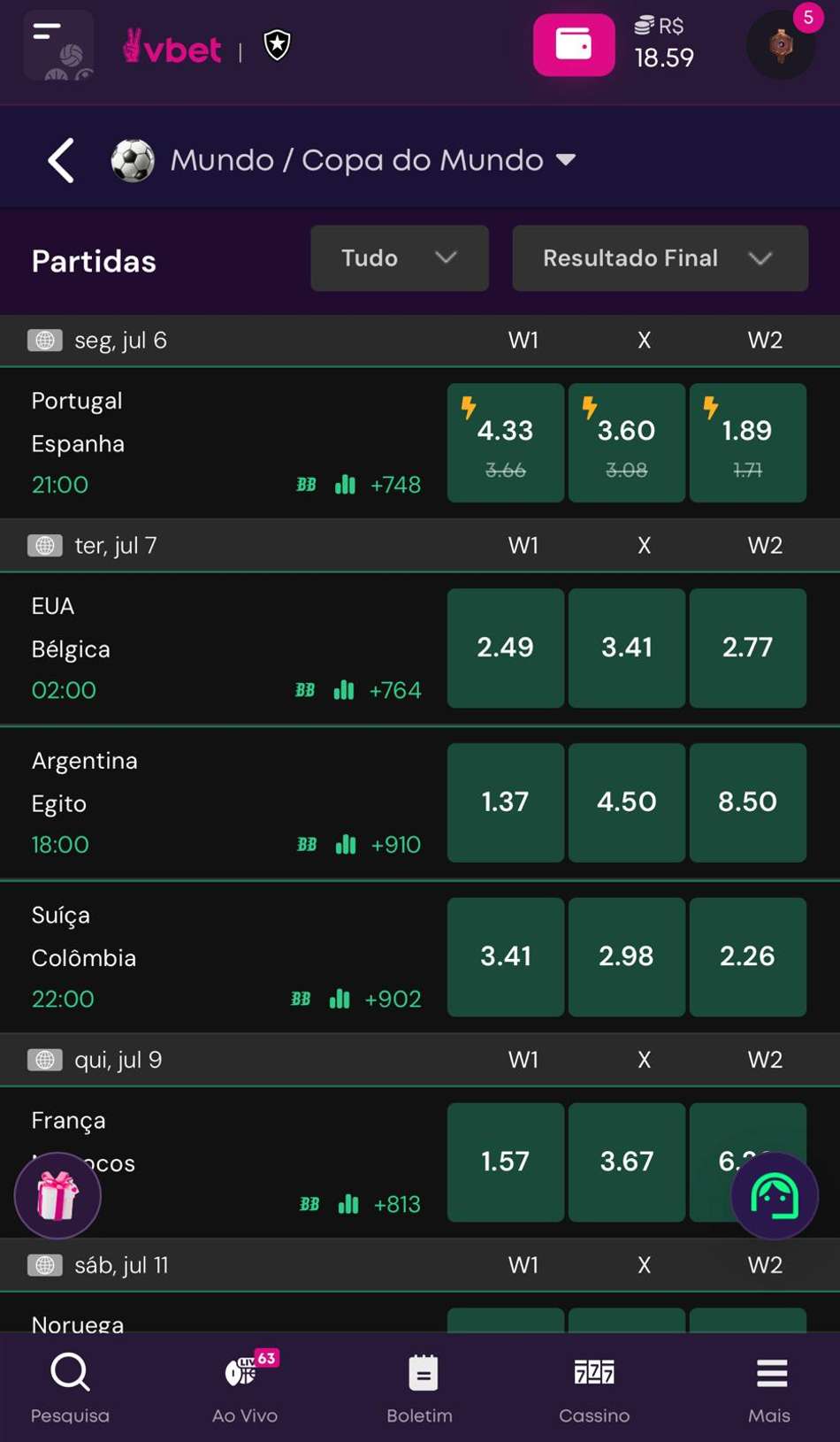 Captura da tela de apostas na Vbet, um dos melhores sites de apostas na Copa do Mundo.