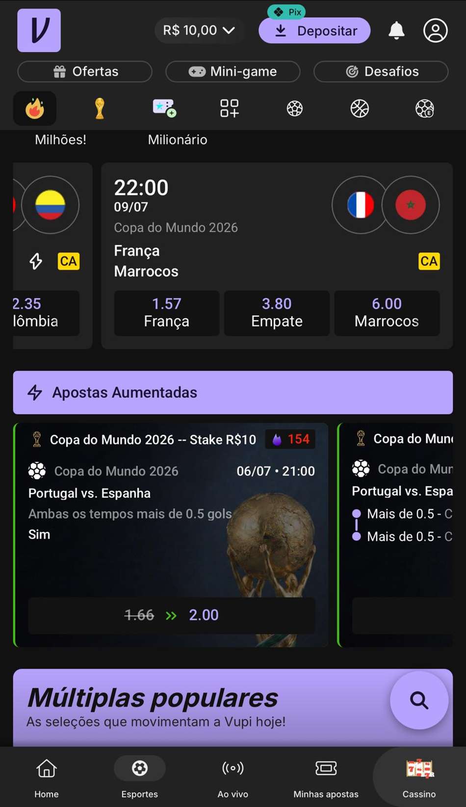 Captura da tela de apostas na Vupi, um dos melhores sites de apostas na Copa do Mundo.