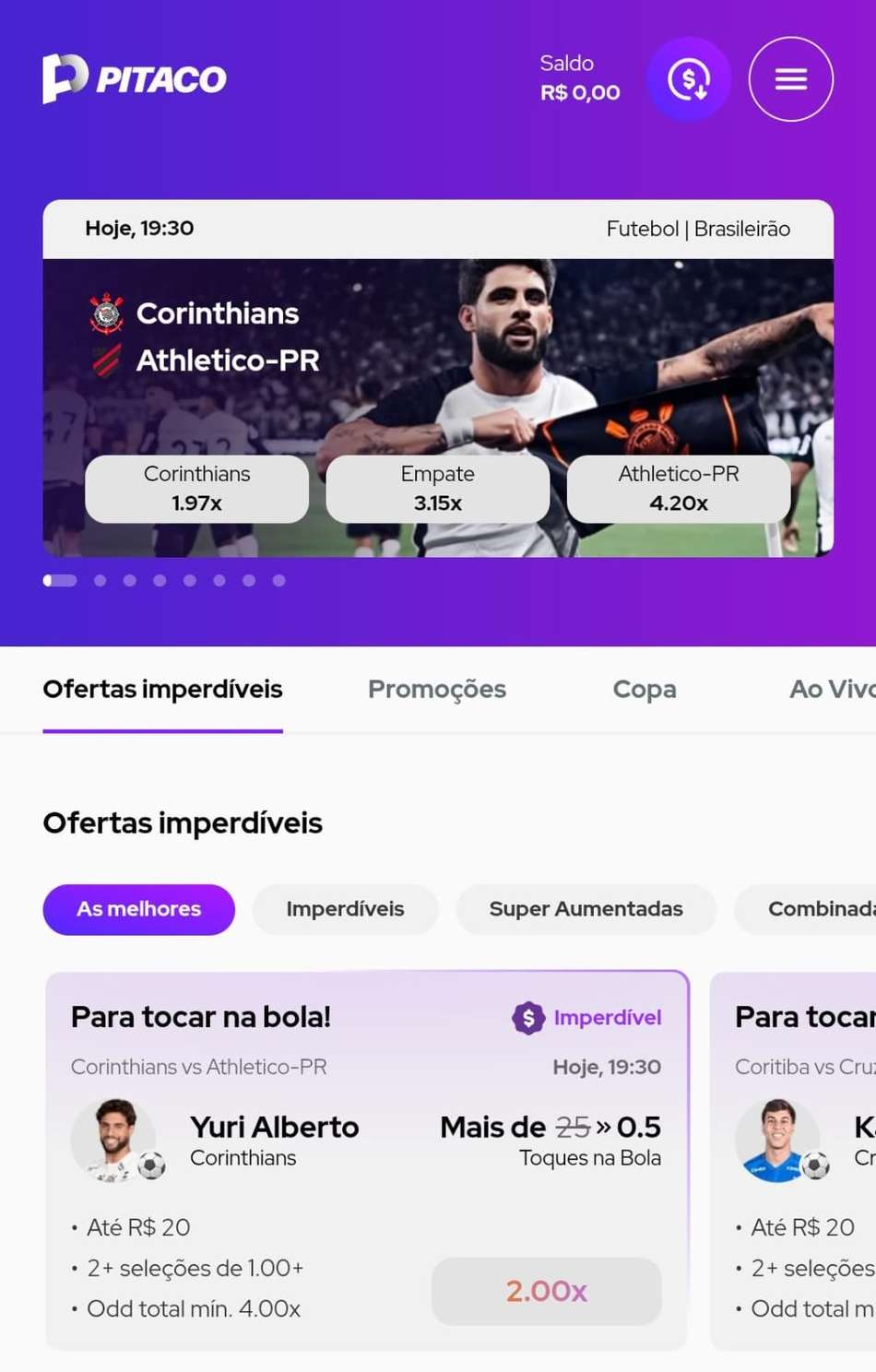 Captura de tela do mercado de toque na bola da casa de apostas Pitaco.