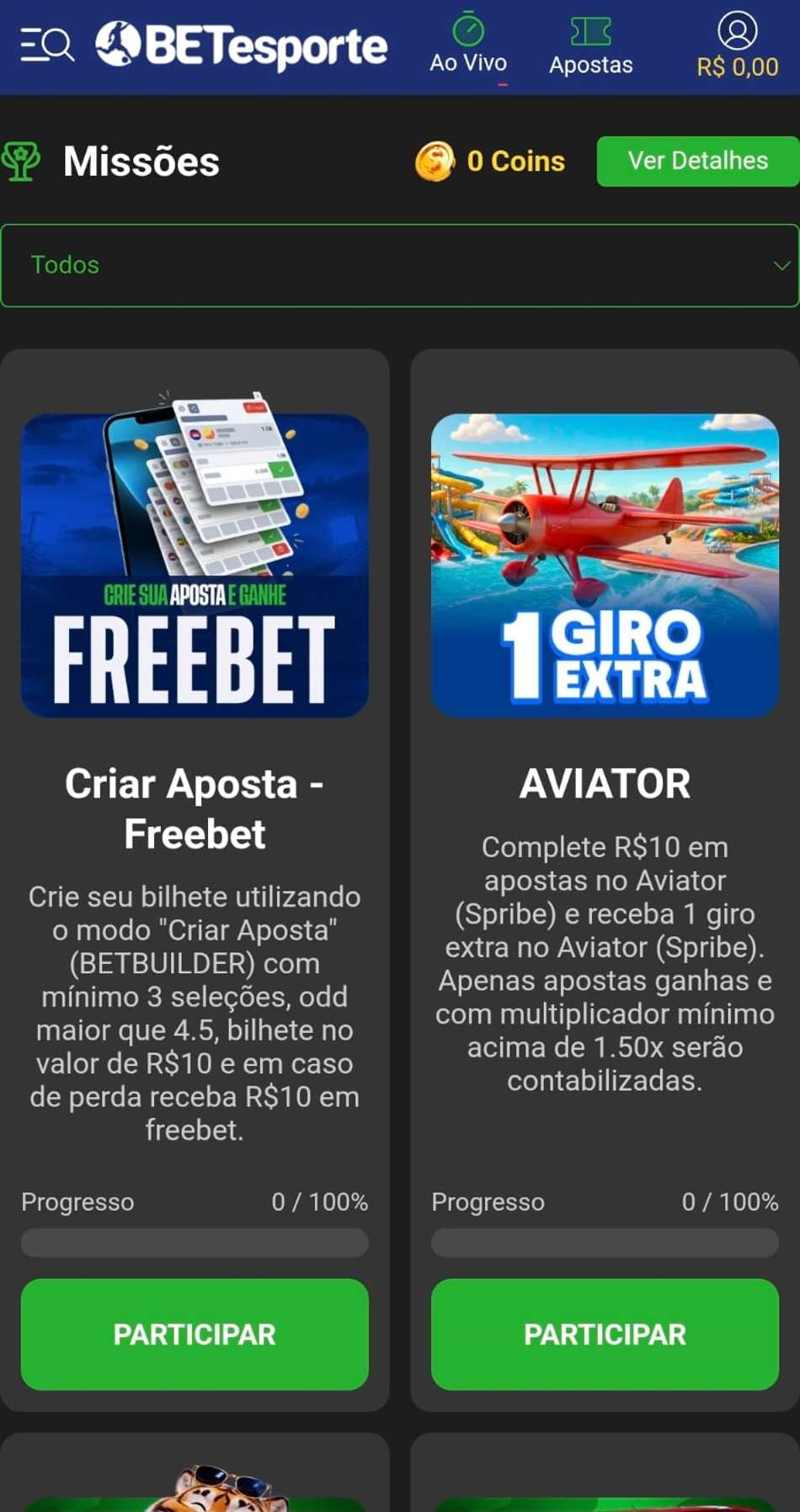 Captura de tela das missões disponíveis para usuários cadastrados e para quem ativou o código BETesporte, com recompensas de giros e apostas grátis.
