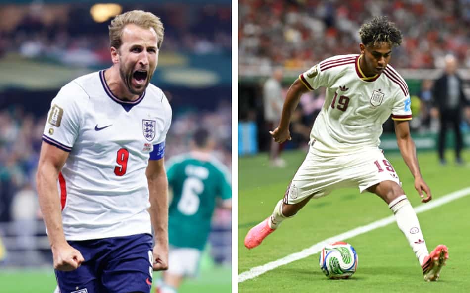 Montagem com Harry Kane, da Inglaterra, à direita, e Lamine Yamal, da Espanha, à esquerda. 