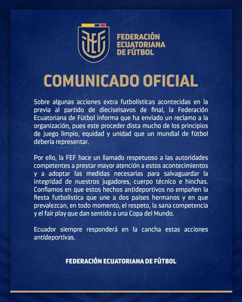 Pronunciamento da FEF antes de duelo entre Equador e México (Foto: Divulgação)