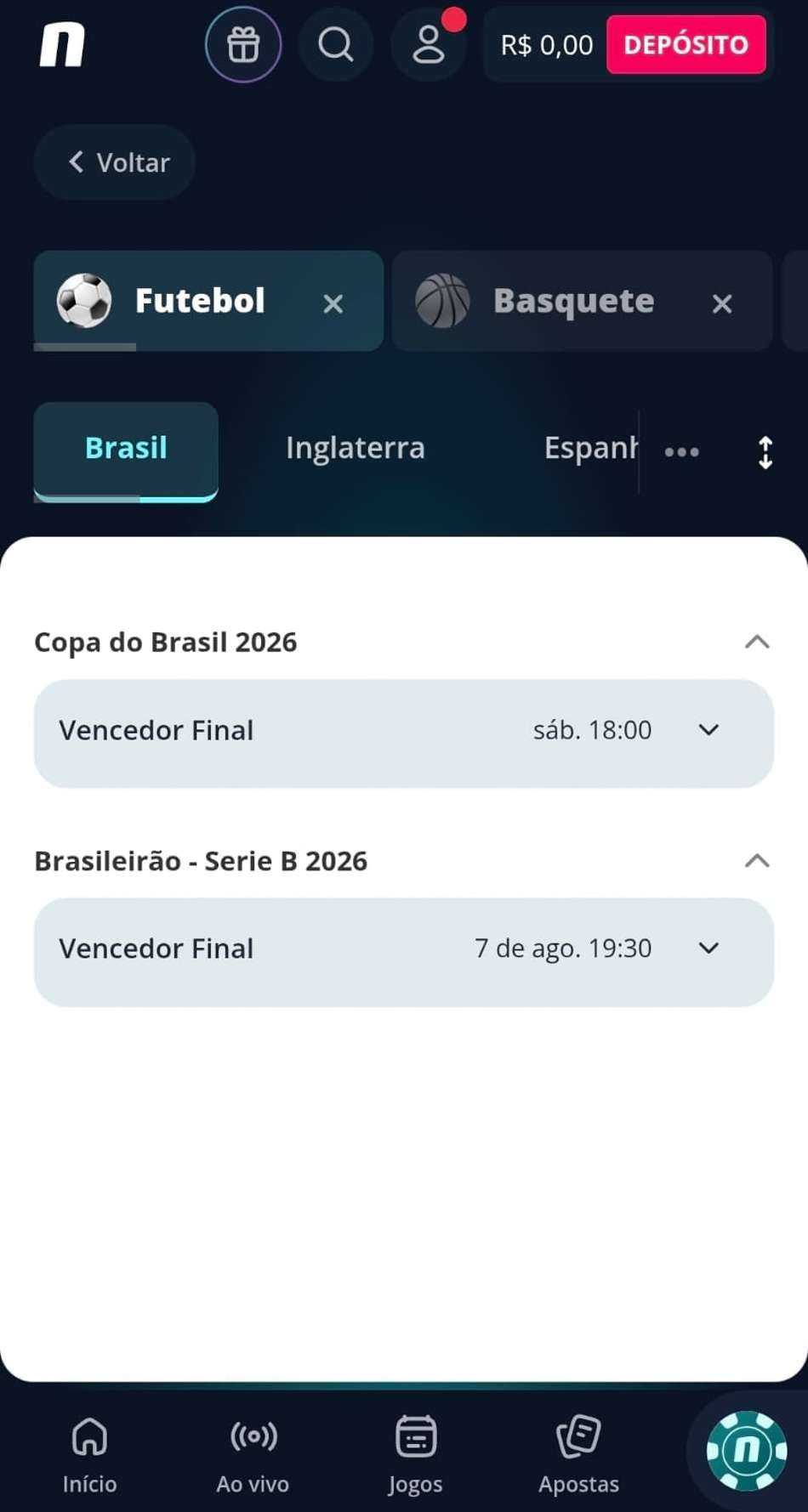 : Captura de tela da página de apostas de longo prazo na Novibet.
