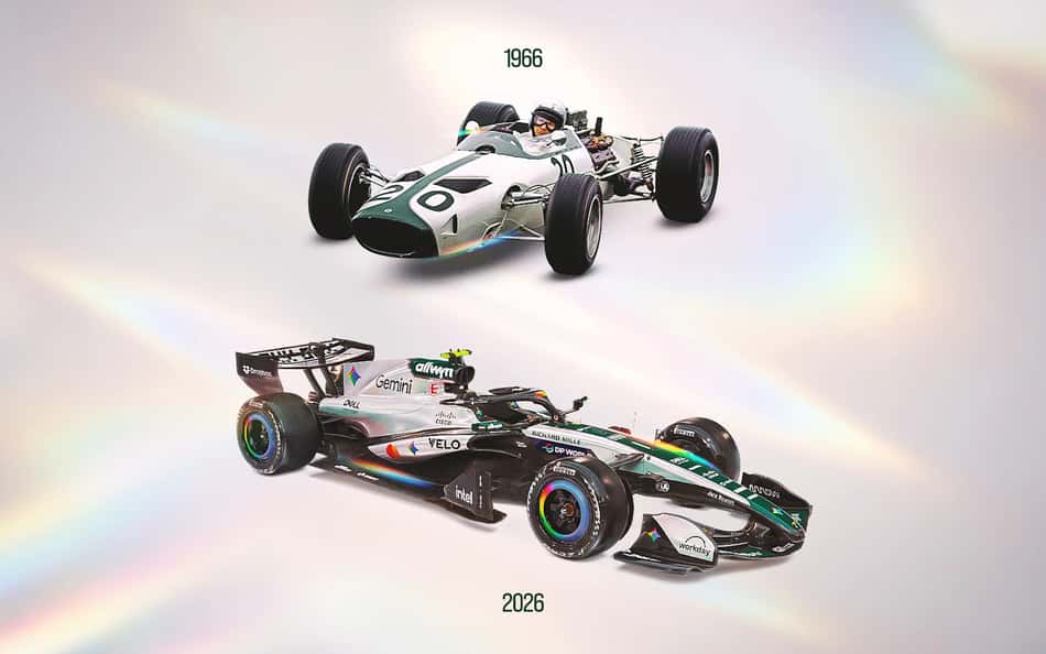 Comparação dos carros da McLaren de 1966 e 2026 (Foto: Divulgação/McLaren)
