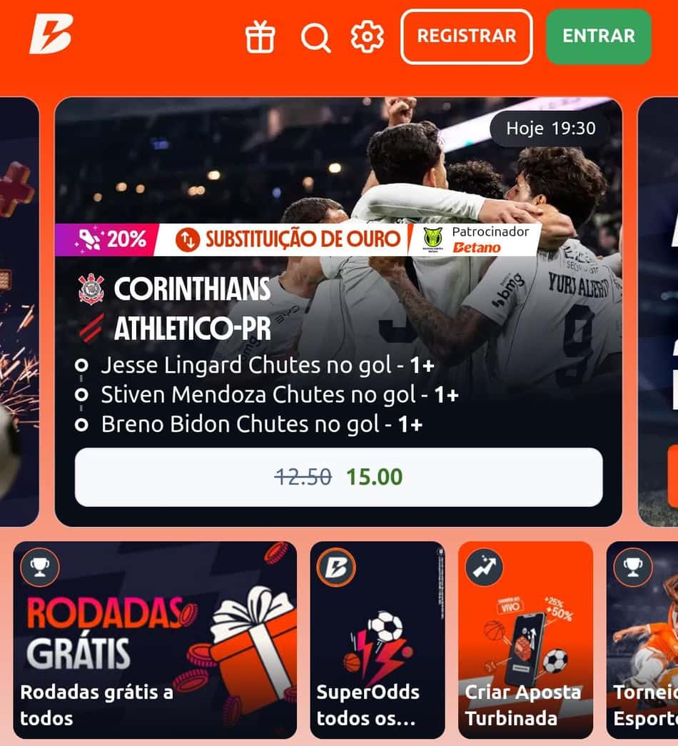 Captura de tela das odds aumentadas da casa de apostas Betano.