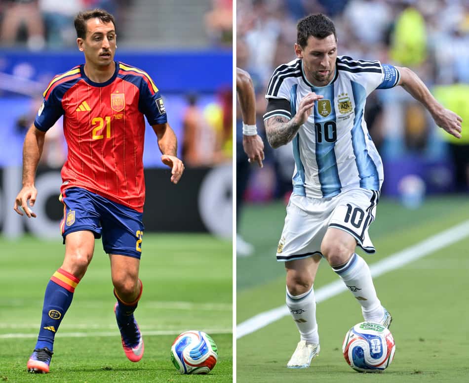 Montagem com o atacante espanhol Mikel Oyarzabal e o atacante argentino Lionel Messi.