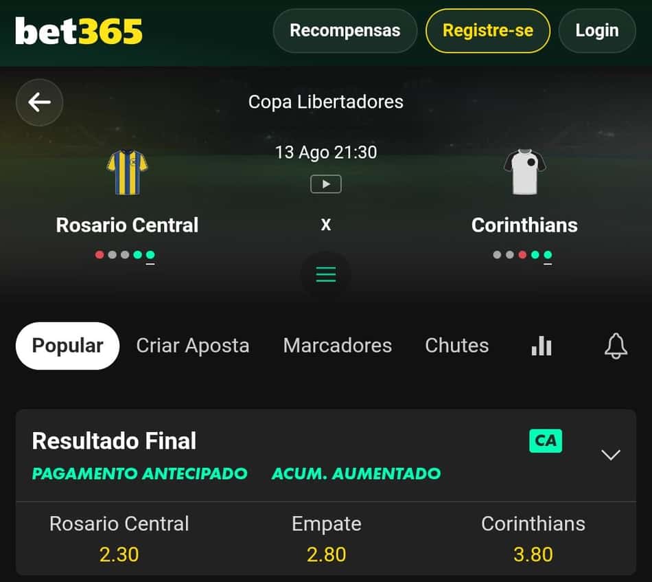 Captura de tela do Pagamento Antecipado na bet365.