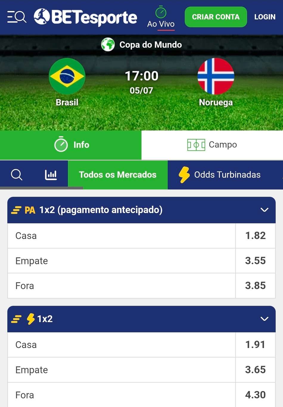 Captura de tela do jogo entre Brasil x Noruega pela Copa do Mundo exibindo o mercado de 1x2 com Pagamento Antecipado.
