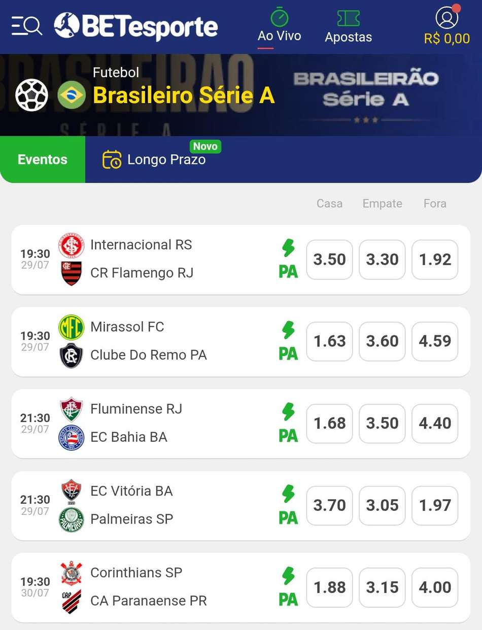 Captura de tela mostra jogos com Pagamento Antecipado em apostas no futebol na BETesporte.