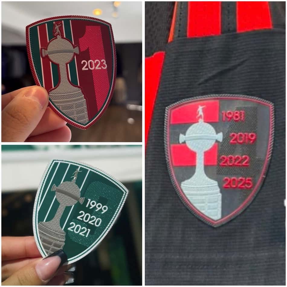 Patches com anos dos títulos da Libertadores de Fluminense, Palmeiras e Flamengo