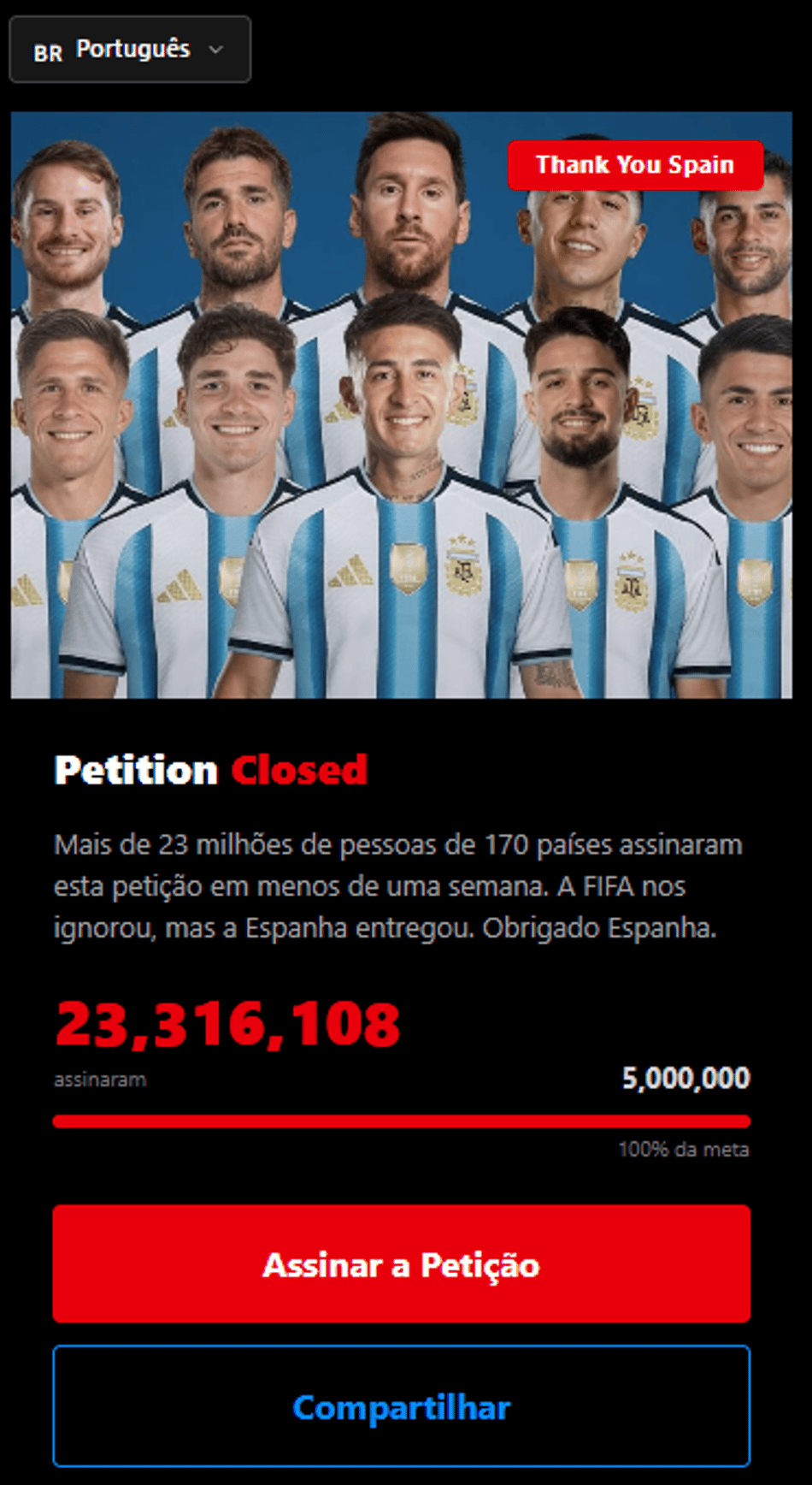 Petição que quer tirar a Argentina da Copa do Mundo atingiu 23 milhões de assinaturas