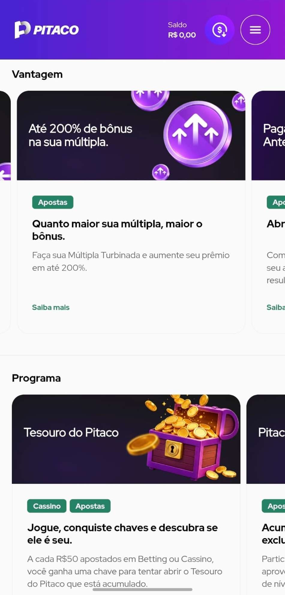 Captura de tela da página de ofertas da Pitaco com as campanhas ativas e regulares.
