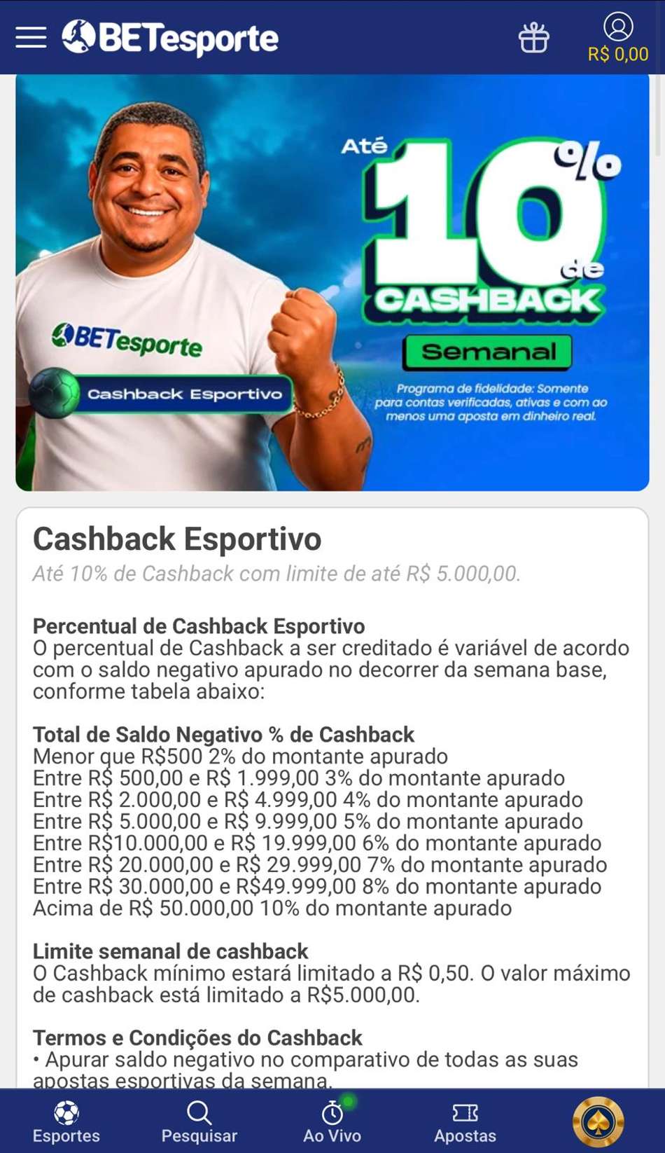 Captura de tela do cashback esportivo na plataforma de 10 reais BETesporte.