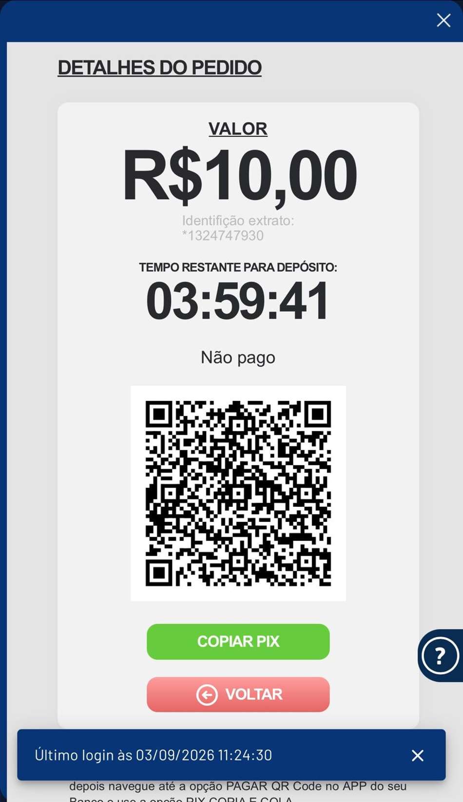 Captura de tela de depósito na plataforma de 10 reais Galera Bet.