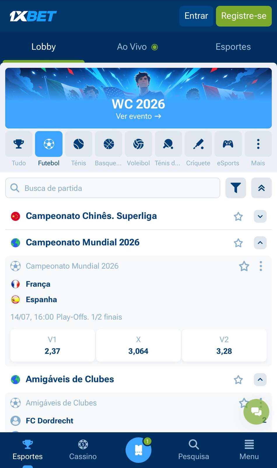 Captura da tela inicial de Esportes na plataforma nova 1xbet.