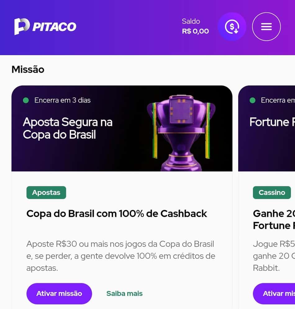 Captura de tela da missão Copa do Brasil da nova bet Pitaco.