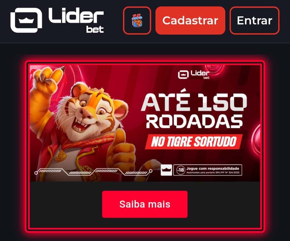 Captura de tela da plataforma nova Liderbet com até 150 rodadas no Tigre Sortudo.