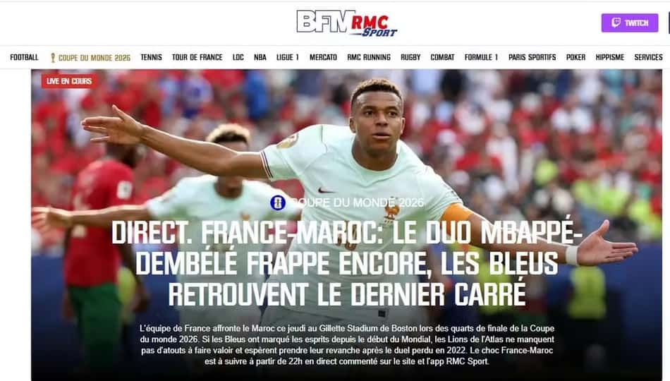 Capa do jornal RMC Sport (França) sobre a vitória francesa diante do Marrocos
