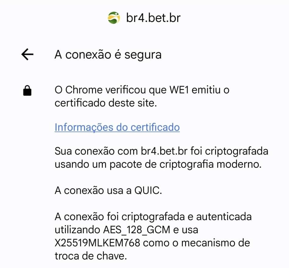 Captura de tela do certificado de segurança do site da BR4BET no celular.