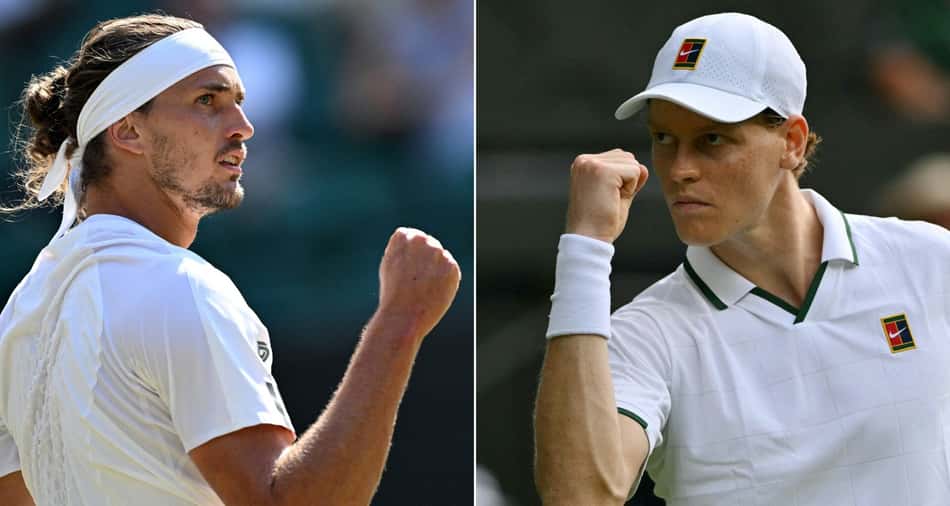 Colagem de fotos de Alexander Zverev, à esquerda, e Jannik Sinner, à direita, com os punhos direitos cerrados, comemorando pontos em partidas de Wimbledon 2026