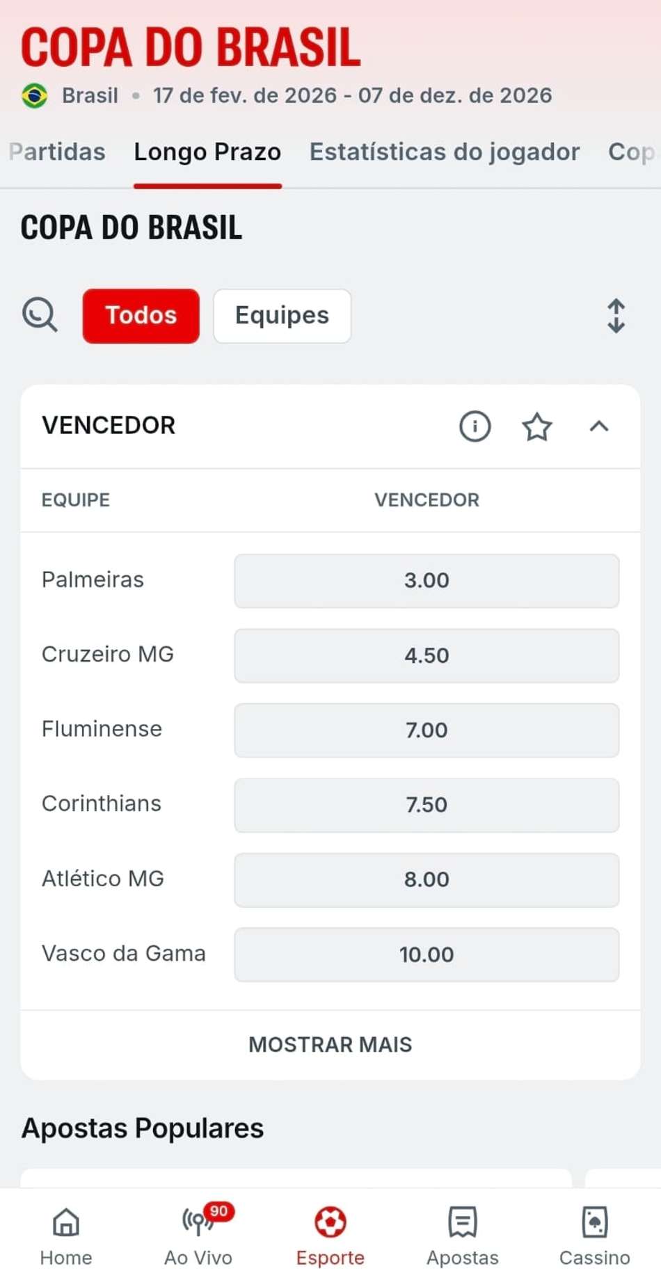 Captura de tela da Superbet exibindo os mercados ativos para apostas futuras na Copa do Brasil.