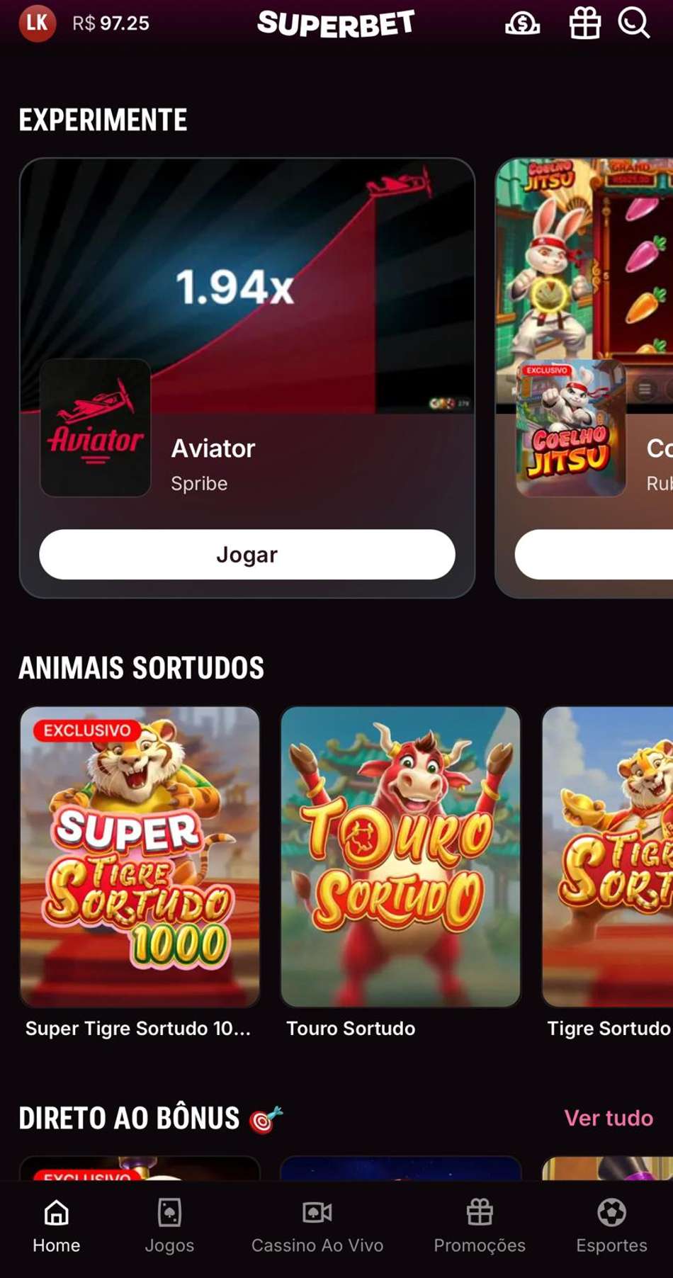 Captura de tela da Superbet com destaque para o Aviator.