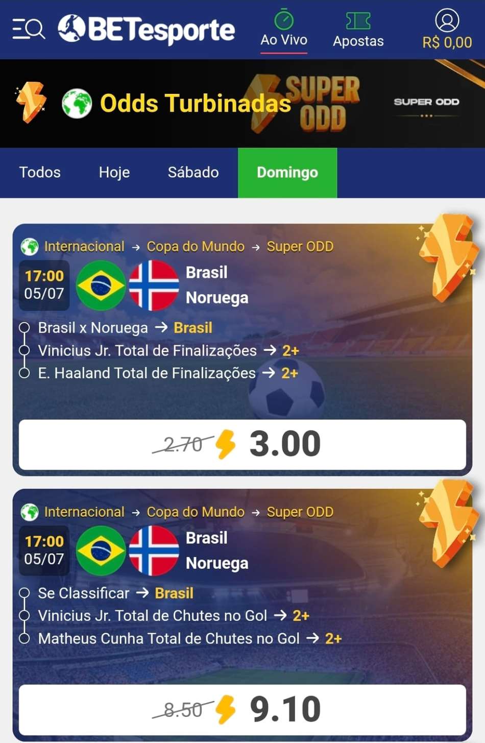 Captura de tela dos bilhetes com SuperOdds na BETesporte.
