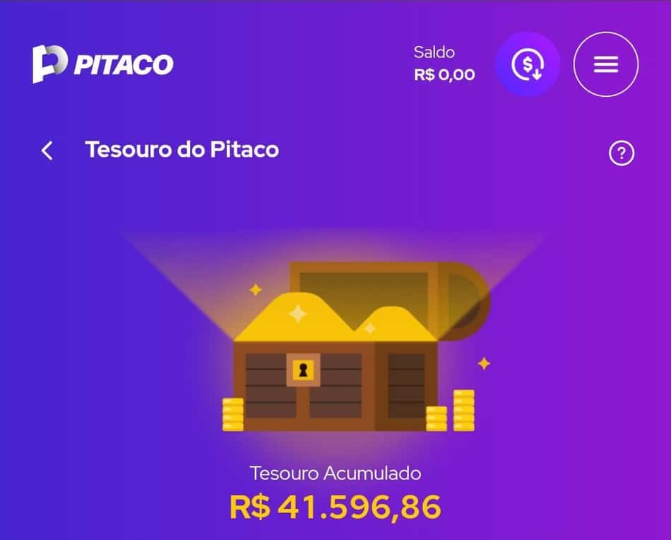 Captura de tela do bônus Tesouro do Pitaco, com recompensa de R$41.596,86 acumulada.