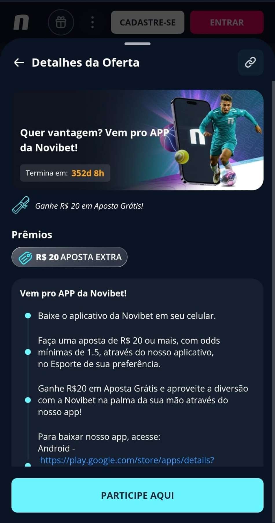 Captura de tela da campanha Vem Pro App da Novibet.