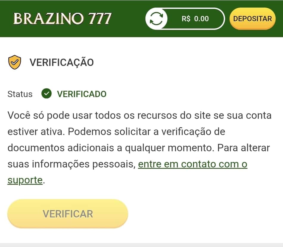 Captura de tela do status de verificação de conta na Brazino777.