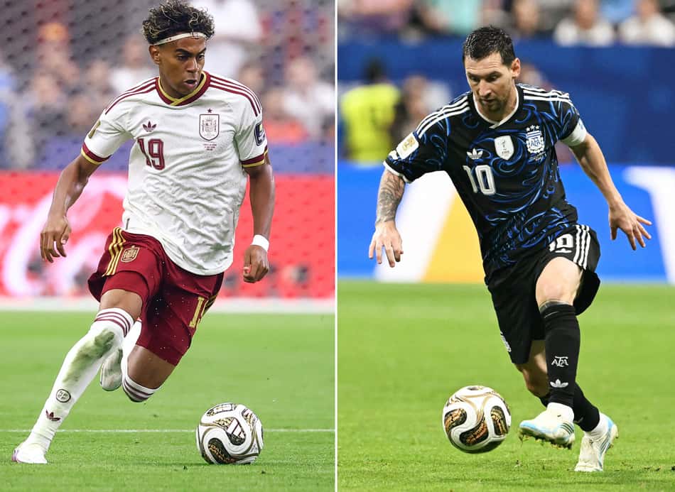 Montagem com Lamine Yamal, com a camisa branca da Espanha à esquerda, e Lionel Messi, com a segunda camisa (azul-marinho) da Argentina à direita.