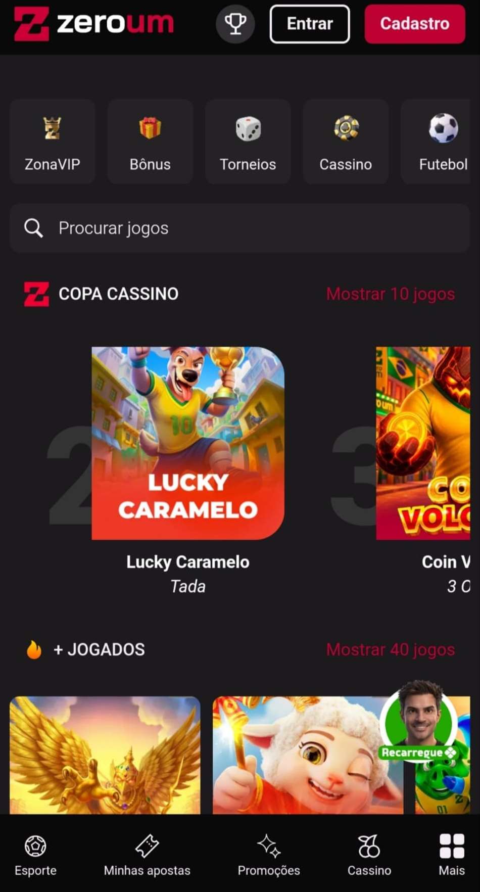 Captura de tela da página inicial da Zeroum Bet.