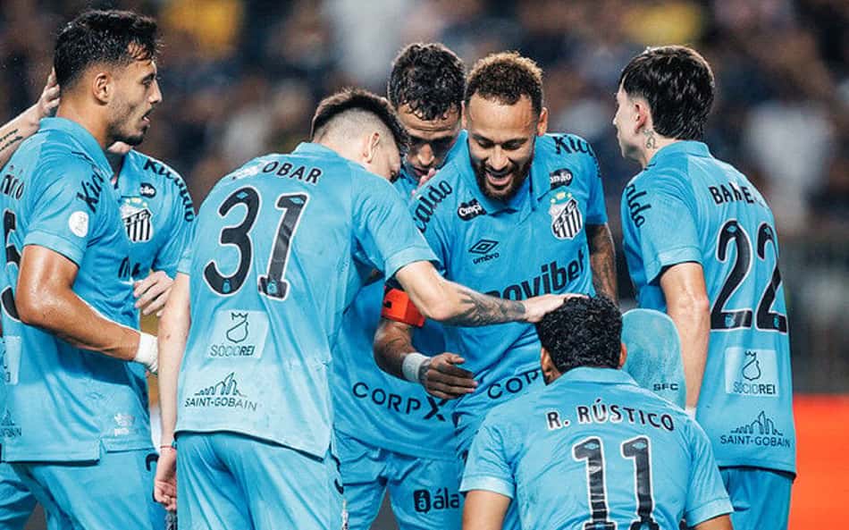 Neymar comemora gol de Rony com elenco do Santos. (Foto: Raul Baretta/ Santos FC)