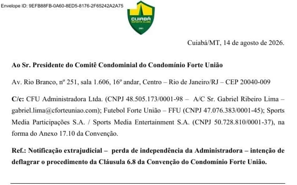 Notificação extrajudicial do Cuiabá pede troca da administradora do condomínio da FFU (Reprodução)