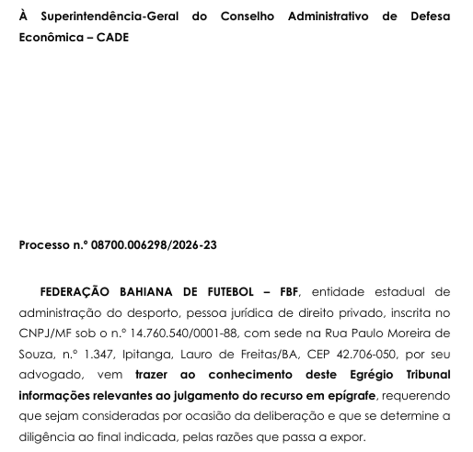 Petição da FBF ao Cade por tratamento desigual ao Vitória na FFU