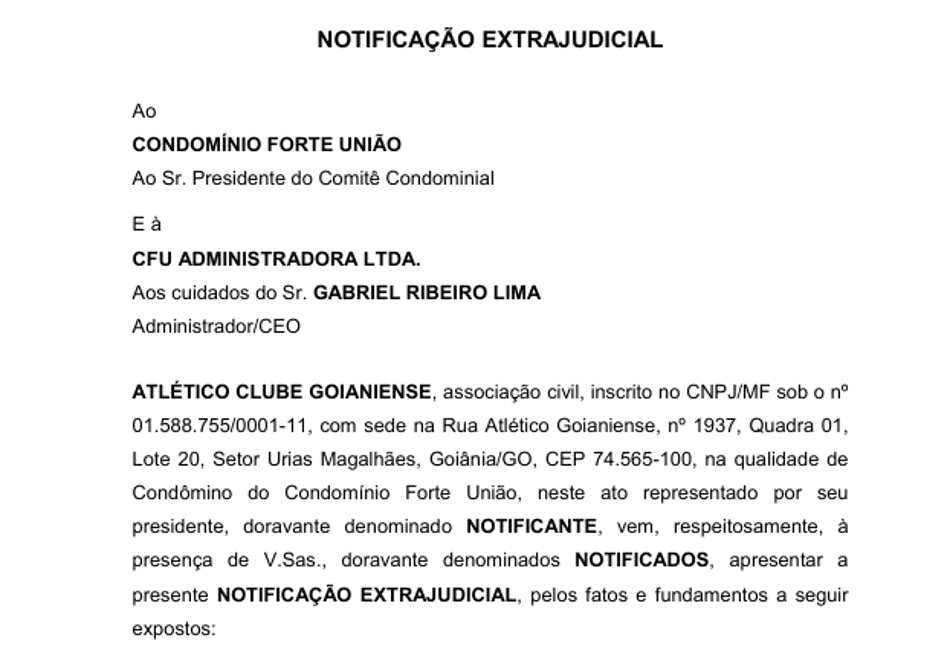 Notificação extrajudicial do Atlético-GO cobra da administradora do condomínio da FFU acesso a documentos e gravações de reuniões