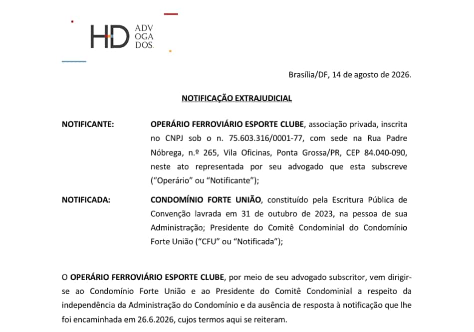 Notificação extrajudicial do Operário cobra da FFU apuração do valor de recompra dos seus direitos de transmissão