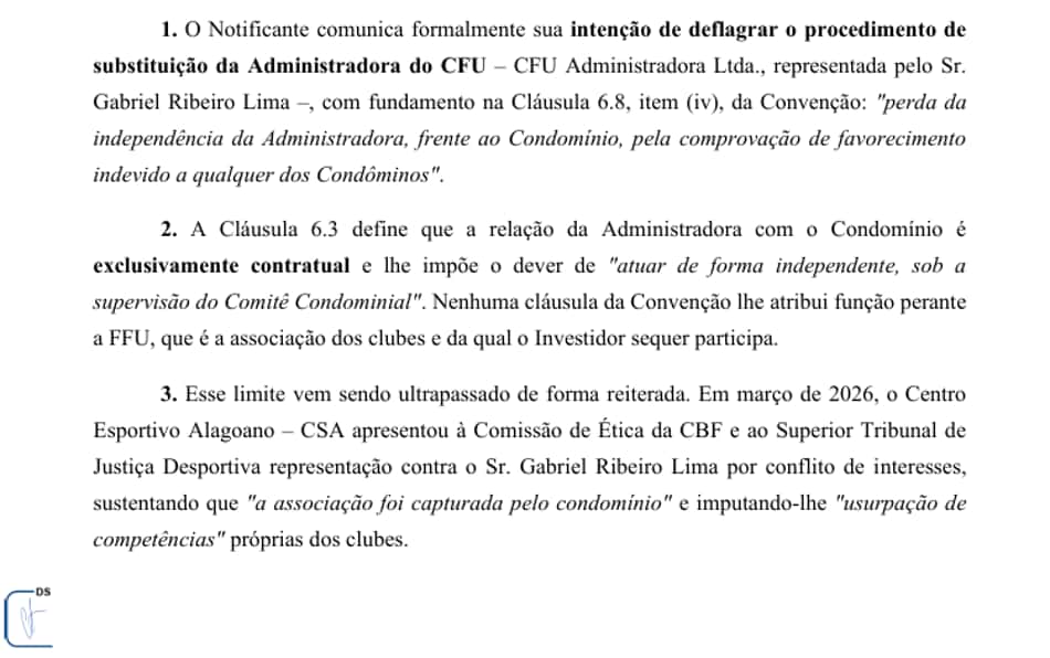 Notificação extrajudicial do Cuiabá afirma intenção de deflagrar processo de troca da administradora do condomínio da FFU