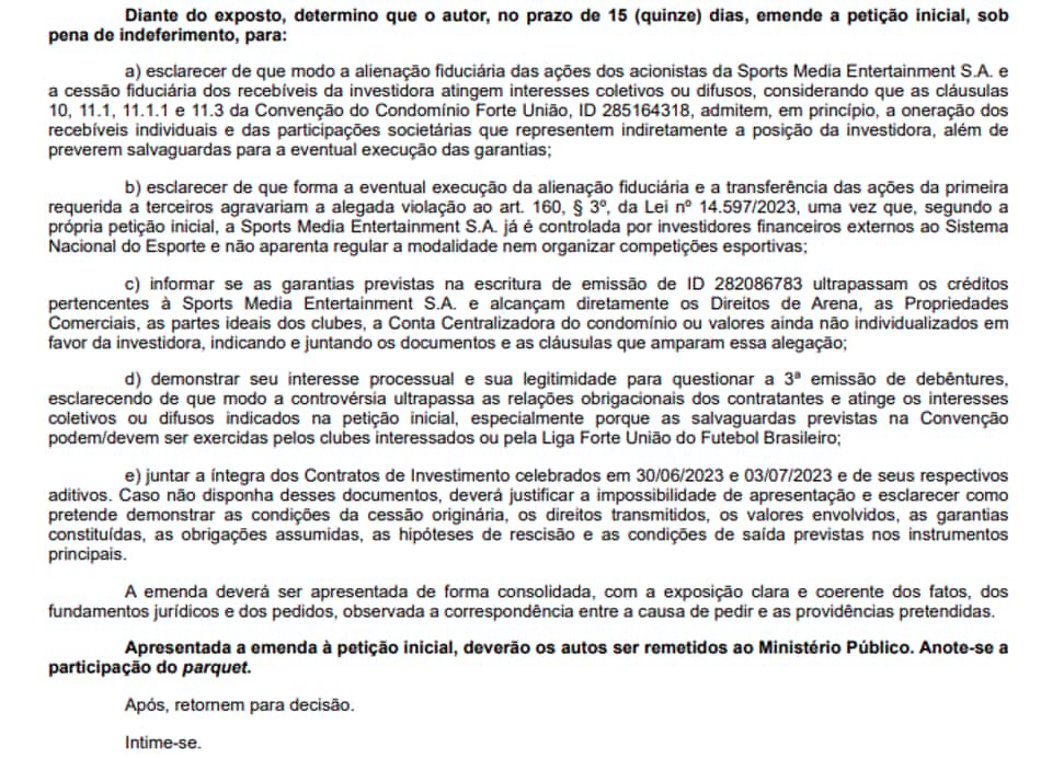 Determinações da Justiça de Brasília em despacho na ação do Sinafut contra investidor da FFU