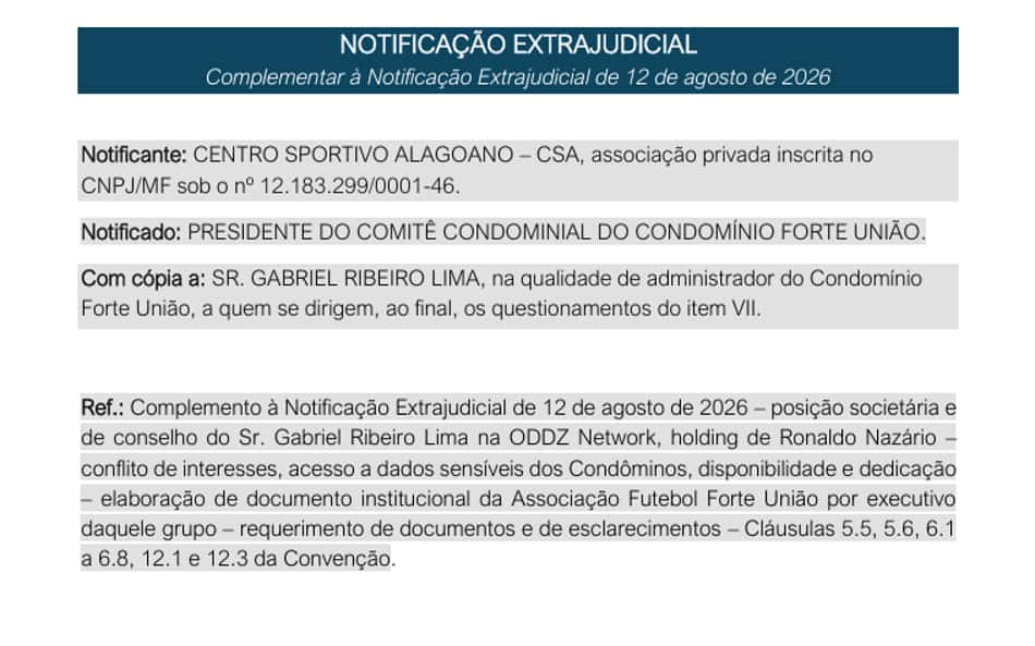 Notificação extrajudicial do CSA enviada ao CFU apontando conflito de interesses