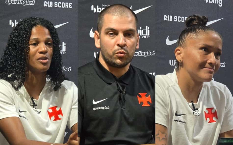 Montagem com Vilmara, Rubens Franco e Juh Morais na coletiva do Vasco