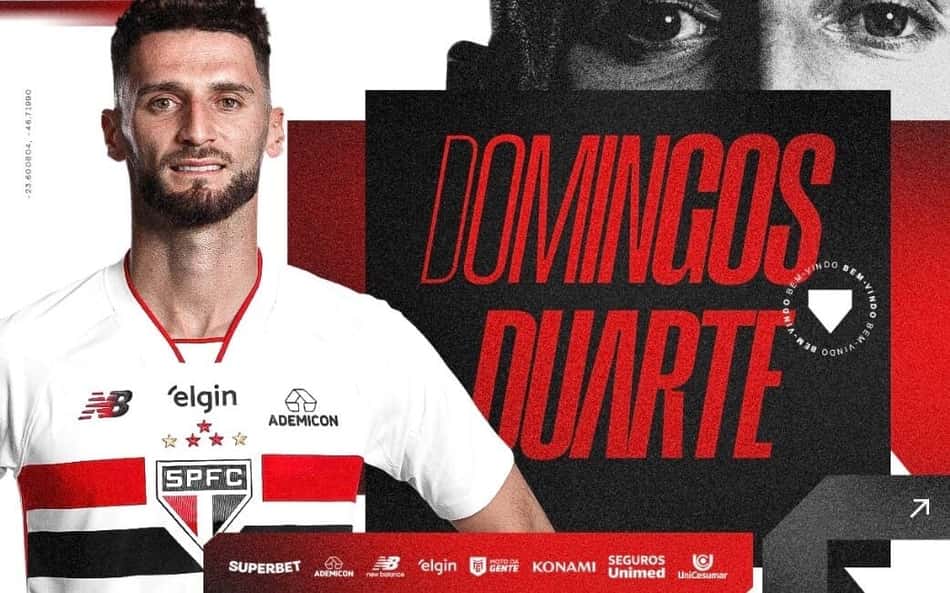 Arte do São Paulo de divulgação da contratação do zagueiro Domingos Duarte