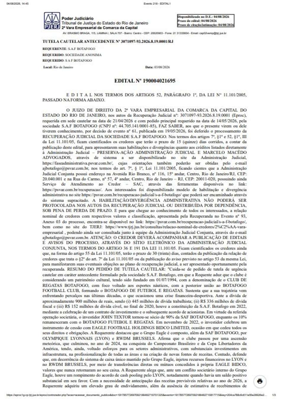 Edital da Recuperação Judicial do Botafogo