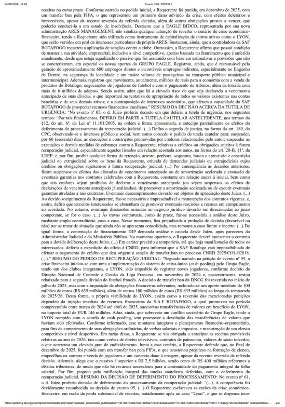 Edital da Recuperação Judicial do Botafogo