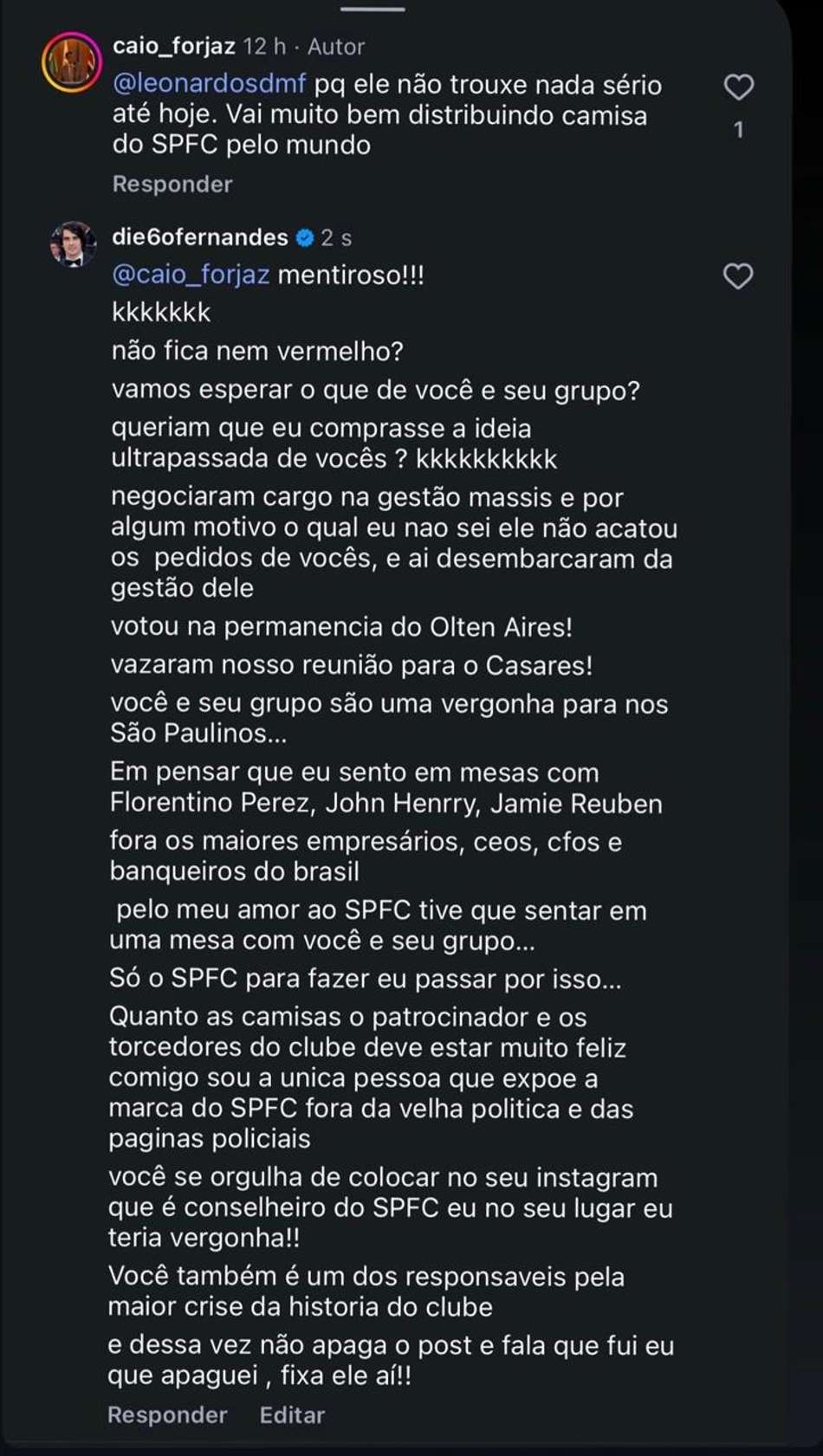 Print da discussão entre Caio Forjaz, conselheiro do São Paulo, e Diego Fernandes, empresário são-paulino que tenta implantar SAF no clube