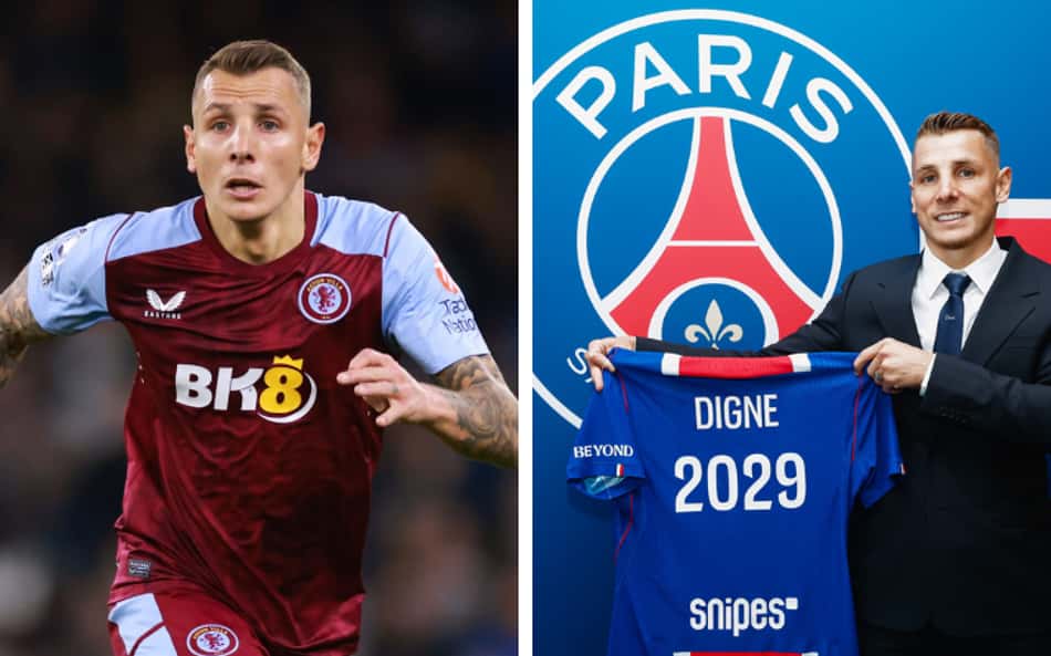 Lucas Digne com a camisa do Aston Villa e do PSG