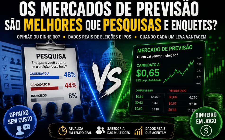 Mercados de previsão vs pesquisa qual método acerta mais Veja dados de eleições, o caso Google e por que o dinheiro em jogo muda tudo.