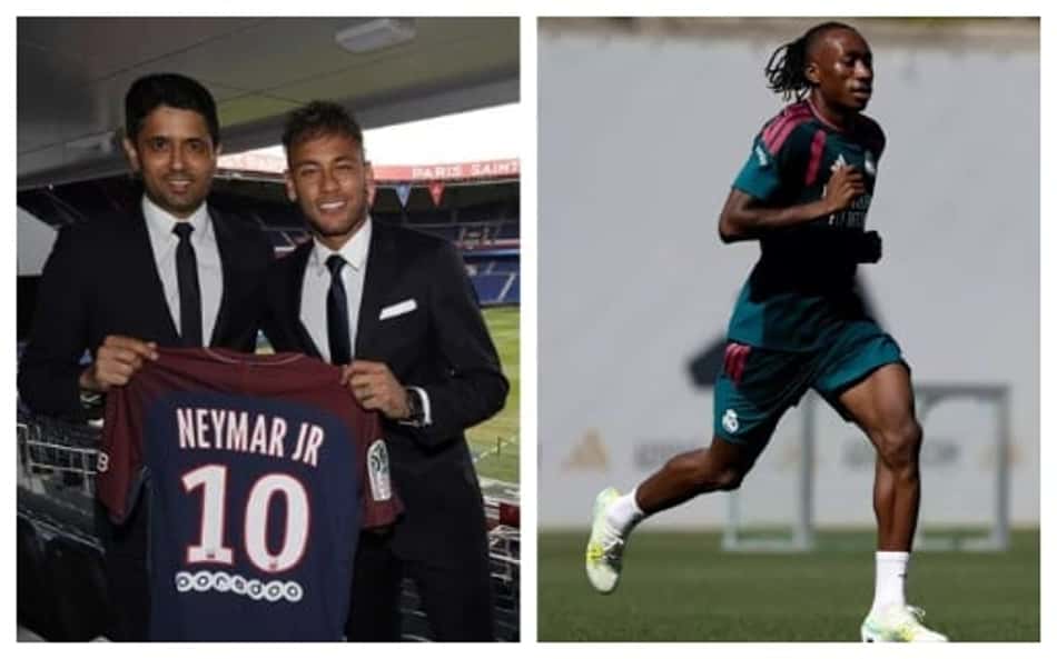 Neymar Jr., sendo apresentado pelo PSG (lado esquerdo), e Diamonde, maior contratação da história do Real Madrid (lado direito).