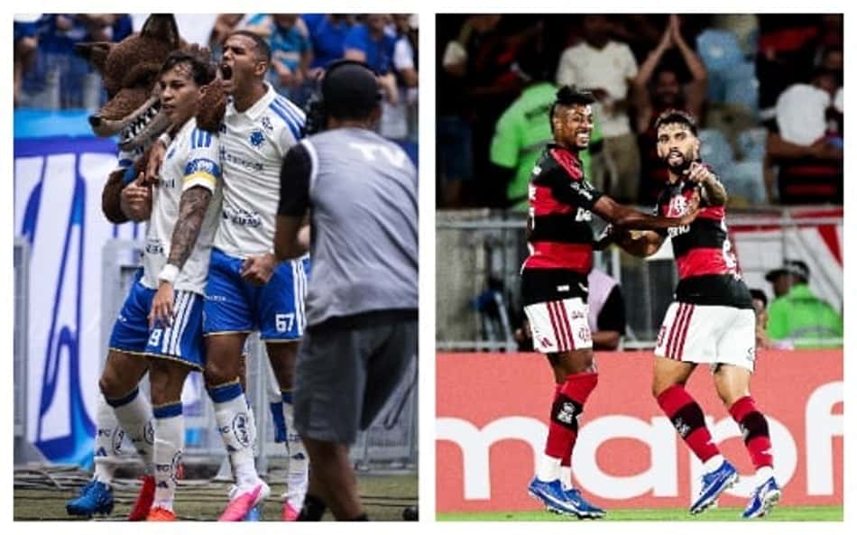 Kaior Jorge comemorando com a camisa do Cruzeiro (lado esquerdo) e Bruno Henrique com Lucas Paquetá celebrando com as cores do Flamengo