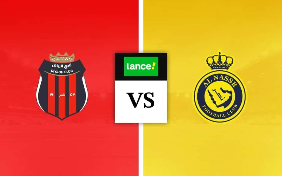 Escudos de Al Riyadh x Al Nassr com logo do Lance ao fundo.